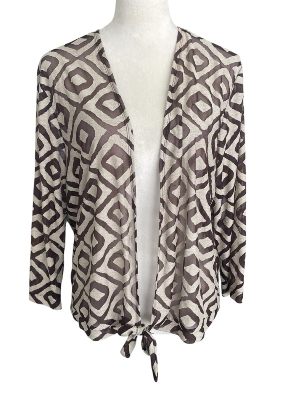 Chico's Travelers Semi Sheer Tie-Hem Open‎ Front Cardigan Sweater XL 3 Geometric